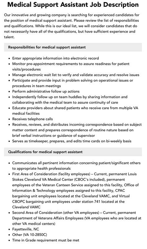 Medical Support Assistant Job Description Velvet Jobs