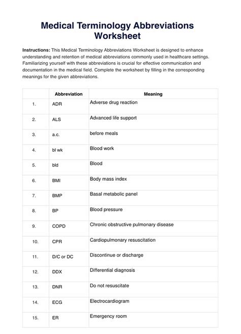Medical Terminology Abbreviations Worksheet E Streetlight Com