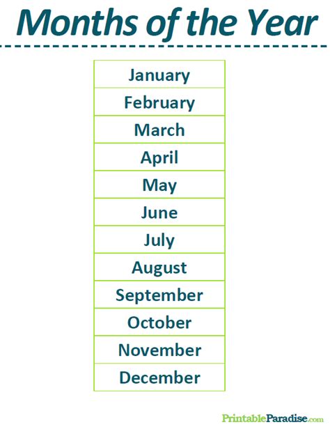 Months Of The Year List Of Months In Order