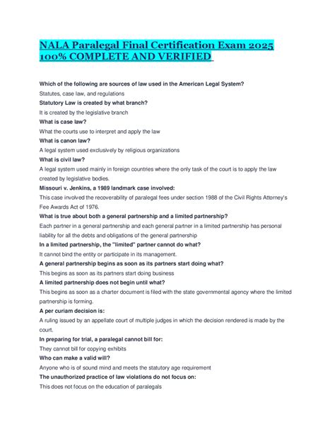 Nala Paralegal Final Certification Exam 2025 100% Complete And Verified ...