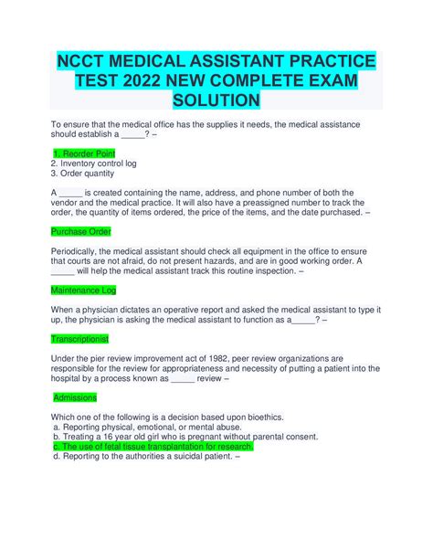 Ncct Medical Assistant Practice Test 2022 New Complete Exam Solution