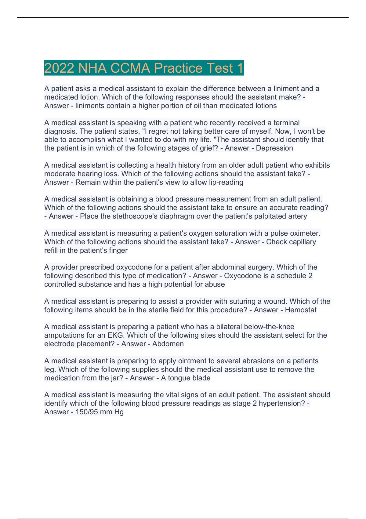 Nha Medical Assistant Ccma Certification Mcqs All Past Tests