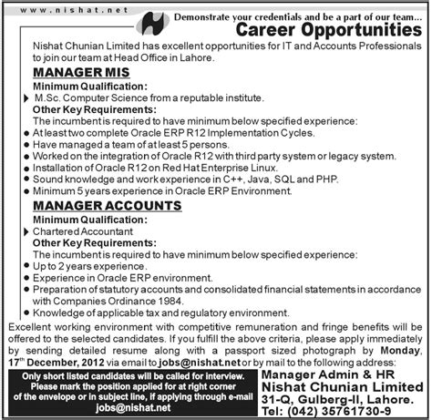 Nishat Chunian Limited Manager Mis Accounts Jobs 2015
