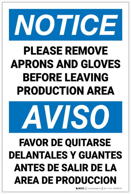 Notice Please Remove Aprons Gloves Before Leaving Bilingual Spanish