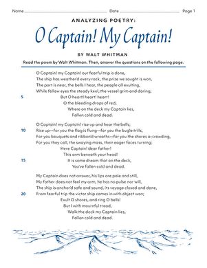 O Captain My Captain Poem By Walt Whitman Comprehension Analysis