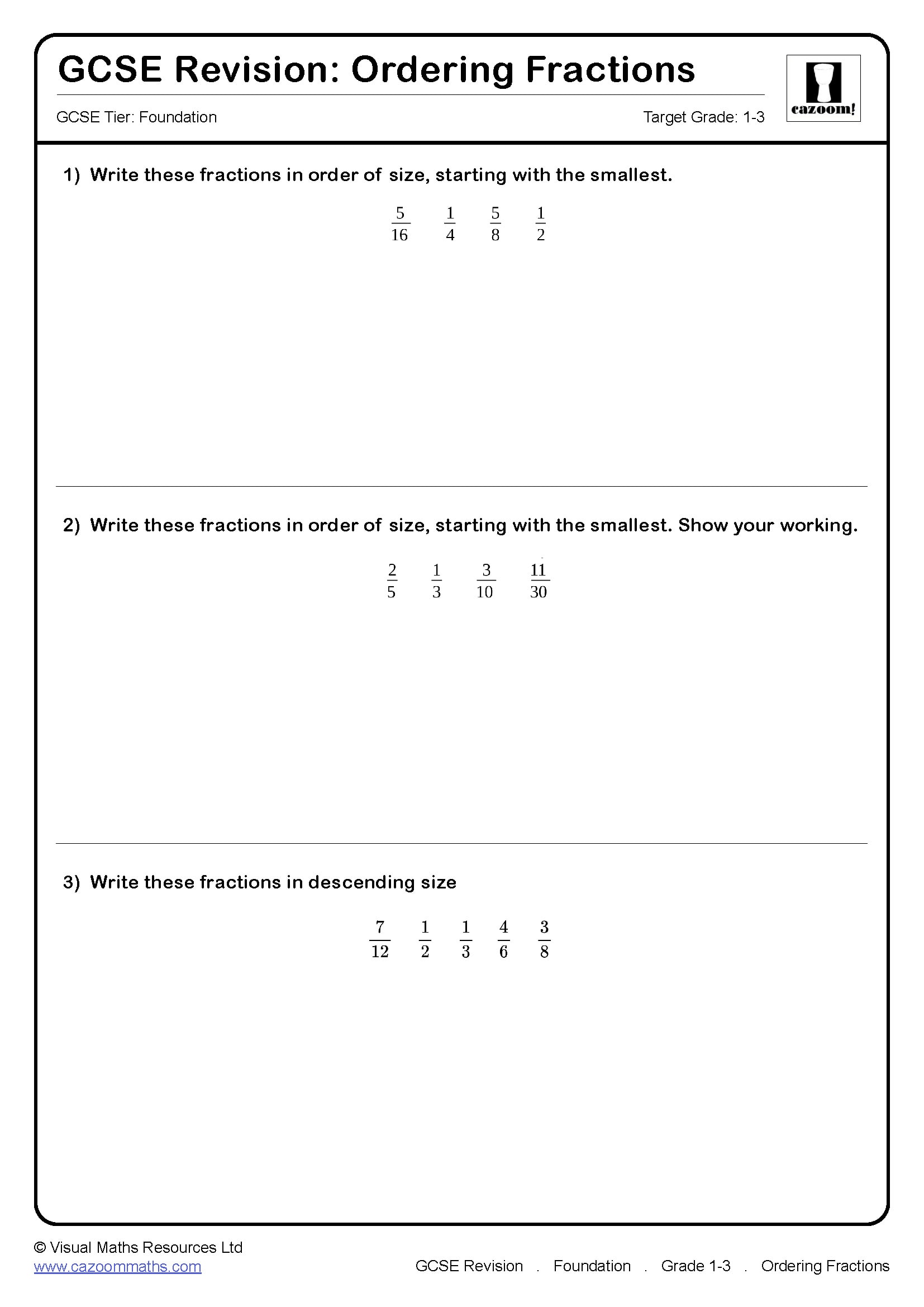 Ordering Fractions Gcse Maths Steps Examples Worksheet