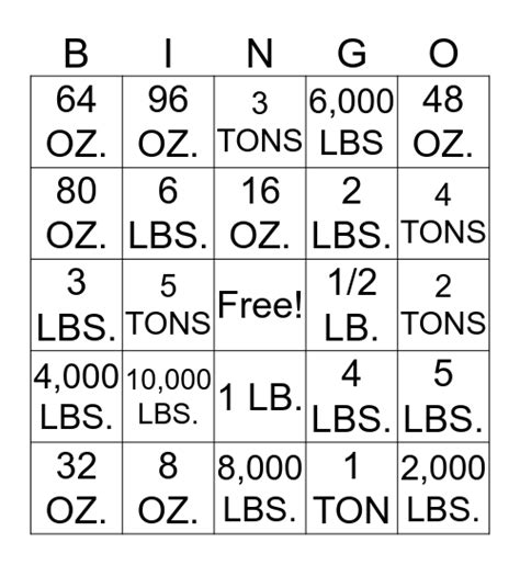 Ounces Pounds Tons Bingo Card