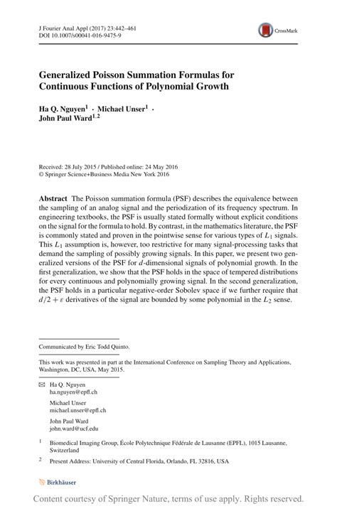 Pdf Generalized Poisson Summation Formulas For Bigjfourieranalappl