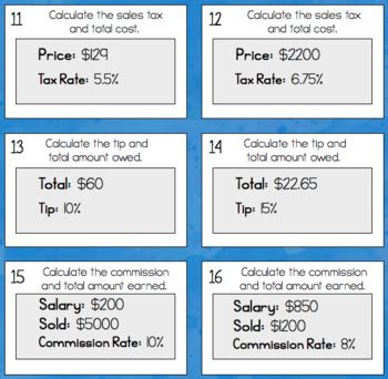 Percents Sales Tax Tips And Commission Notes Task Cards And