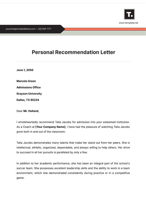 Personal Letter Of Recommendation Sample