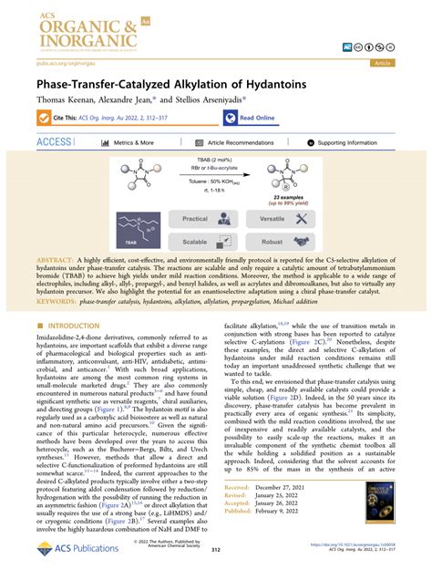 Phase Transfer Catalyzed Alkylation Of Hydantoins Acs Organic