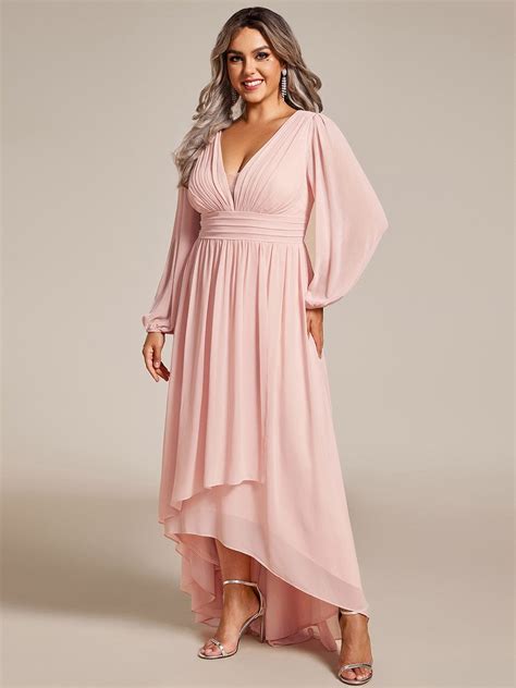 Plus Size Romantic V Neck Bridesmaid Gown With Lantern Sleeves And