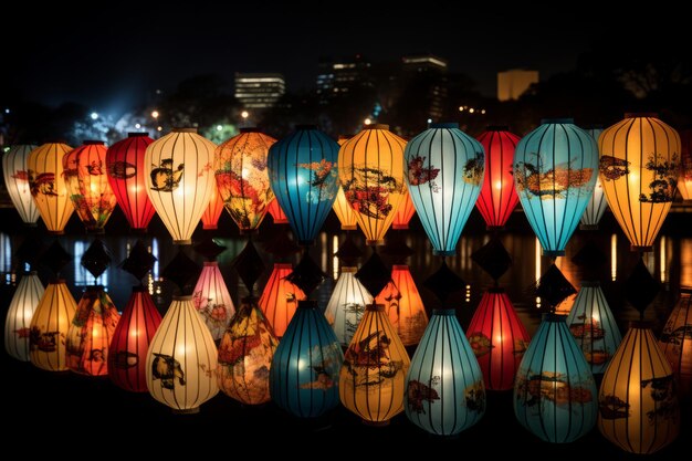 Premium Ai Image Colorful Chinese New Year Lantern Floating On River