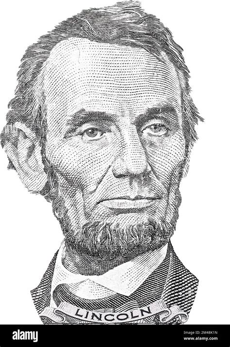 President Abraham Abe Lincoln Face Portrait On 5 Dollar Bill Isolated
