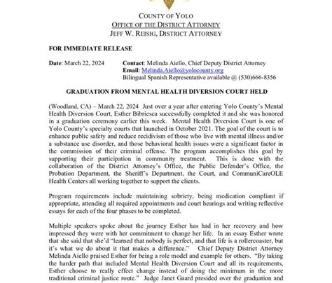Press Release Mental Health Court Graduation March 2024 Yolo County District Attorney