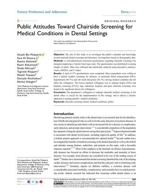 Public Attitudes Toward Chairside Screening For Medical Conditions In Ppa