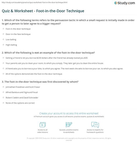 Quiz Amp Worksheet Foot In The Door Technique Study Com
