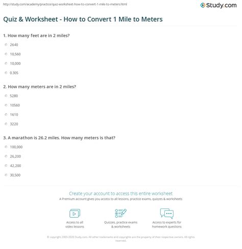 Quiz Worksheet How To Convert 1 Mile To Meters Study Com