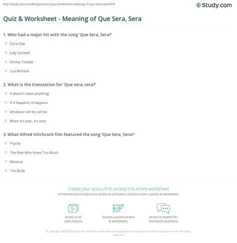 Quiz Worksheet Meaning Of Que Sera Sera Study Com