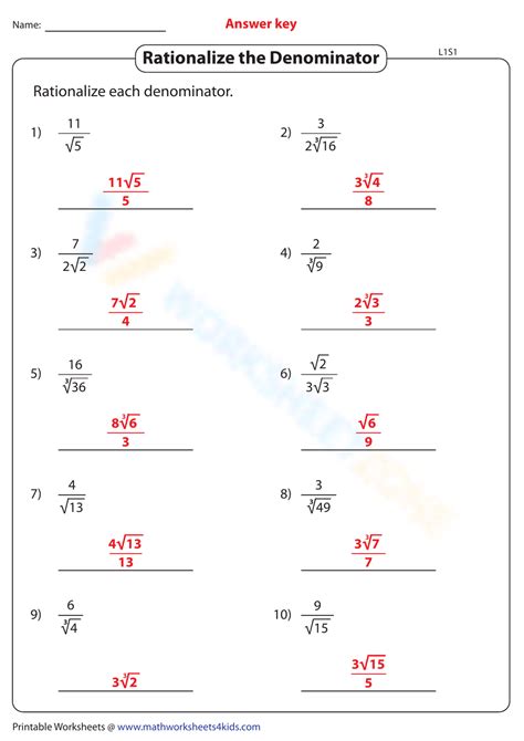 Rationalizing The Denominators Worksheets