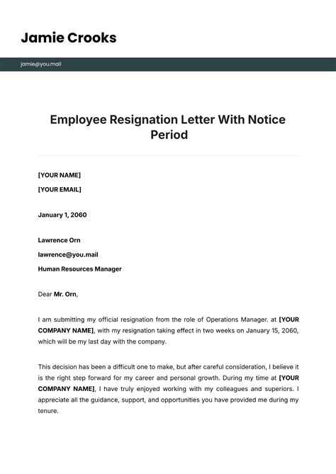 Resignation Email Resignation Letter Template Notice Period