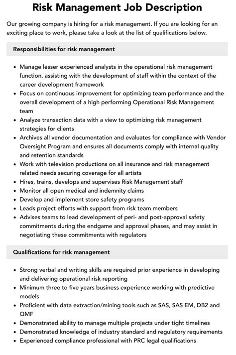 Risk Management Job Description Velvet Jobs
