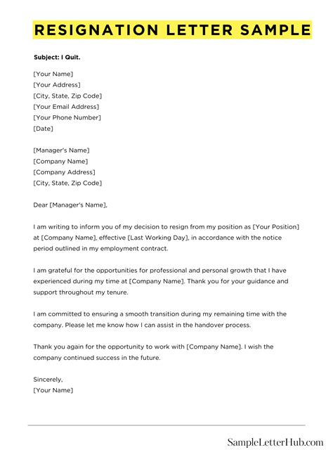 Sample Resignation Letter Template