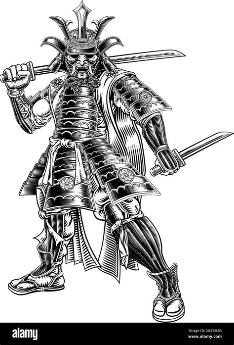 Samurai Japanese Warrior Vintage Etching Art Style Stock Vector Image
