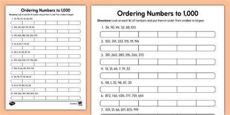 Second Grade Ordering Numbers To 1 000 Worksheet Twinkl