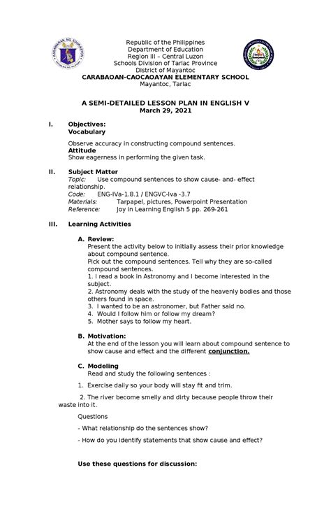 Semi Detailed Lesson Plan Grade 5 English Docx Lesson Plan Cognition