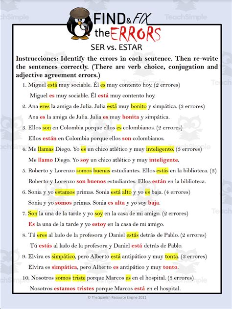 Ser Vs Estar Worksheet Presente Language Resources Answer Keys