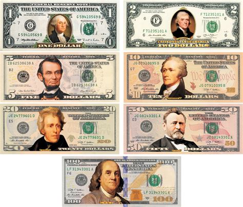 Set Of All 7 Colorized 2 Sided U S Bills Currency 1 2 5 10 20