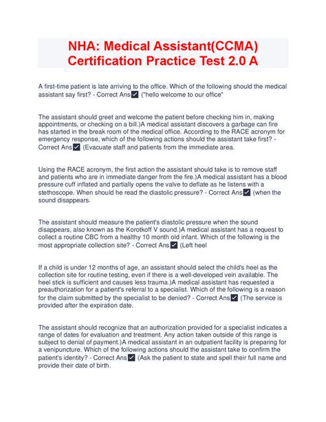 Solution Nha Medical Assistant Ccma Certification Practice Test 2 0 B