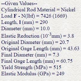 Solved Given Values Cylindrical Rod Material Nickel Chegg Com