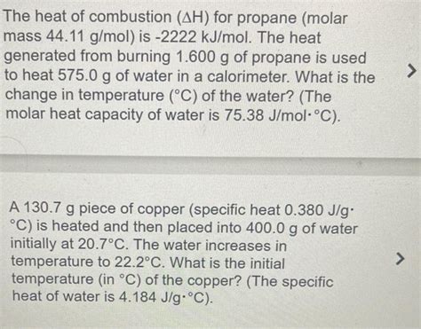 Solved The Heat Of Combustion H For Propane Molar Mass Chegg Com