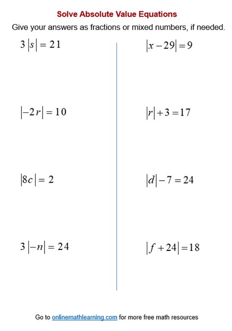 Solving Equations With Absolute Value On Both Sides Worksheets And