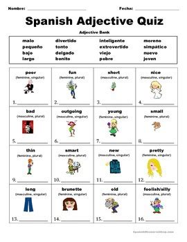 Spanish Adjectives Quizzes By Spanish Resource Shop Tpt