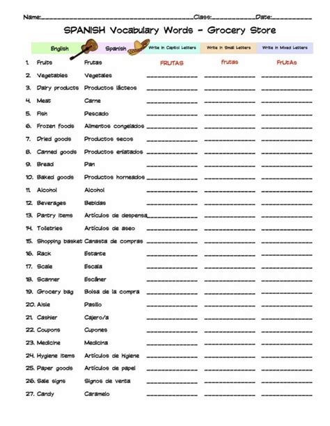 Spanish Grocery Store Vocabulary Word List Column Worksheet Made By