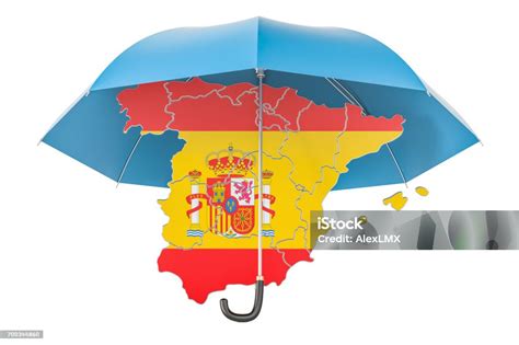 Spanish Map Under Umbrella Security And Protect Or Insurance Co Stock