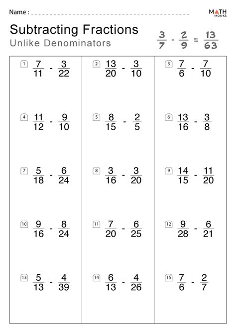 Subtracting Fractions Worksheets Math Monks