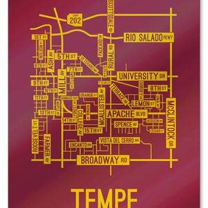 Tempe Arizona State Street Map Screen Print College Town Map Etsy