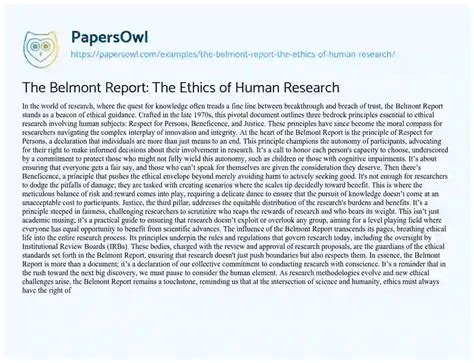 The Belmont Report On Ethics Of Research Free Essay Example