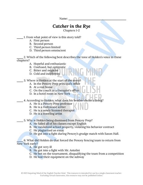 The Catcher In The Rye By J D Salinger Essay Writing Quiz No Prep