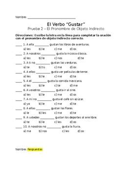 The Spanish Verb Gustar Indirect Object Pronoun Worksheet Or Quiz