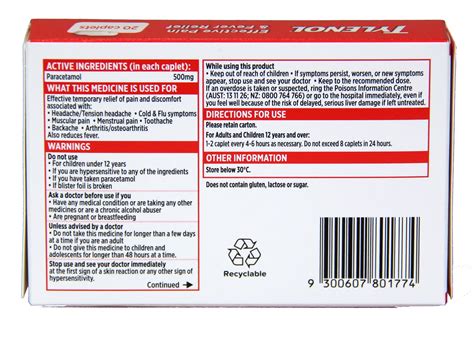 Tylenol 20 Caplets Single Pack Products Peleguy Distribution Pty Ltd