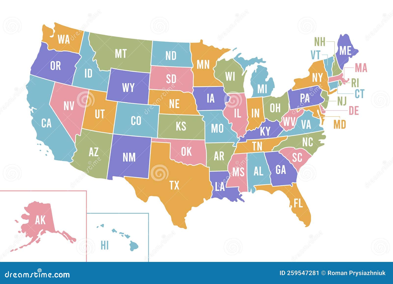 Usa Map With Abbreviated State Names United States Of America