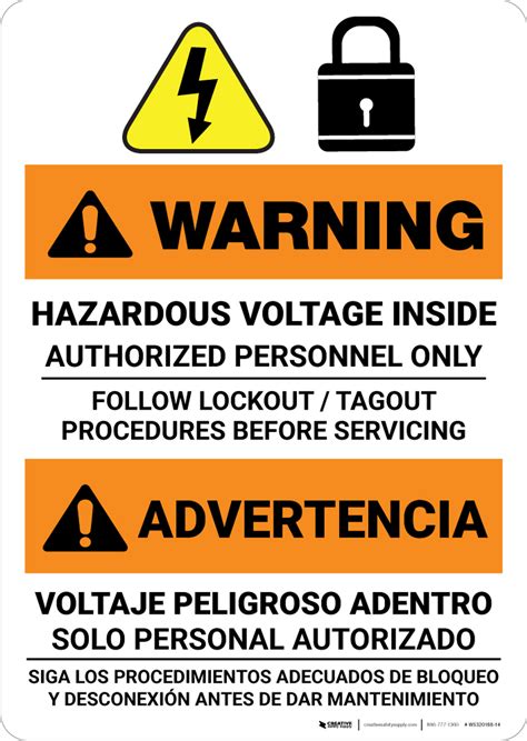 Warning Hazardous Voltage Follow Lockout Procedures Bilingual Spanish