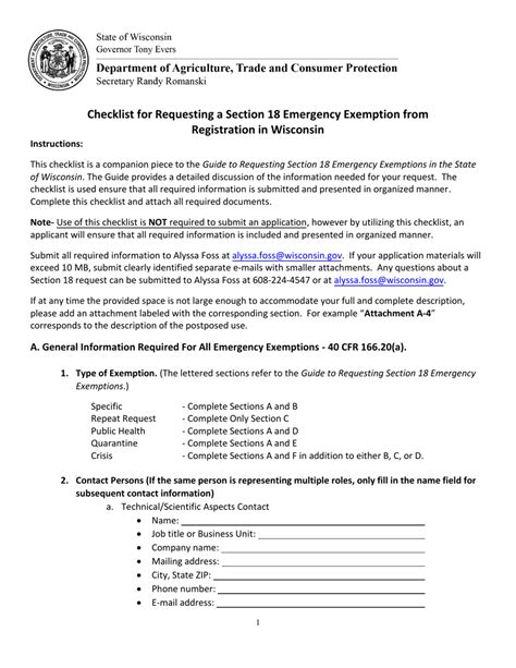 Wisconsin Checklist For Requesting A Section 18 Emergency Exemption