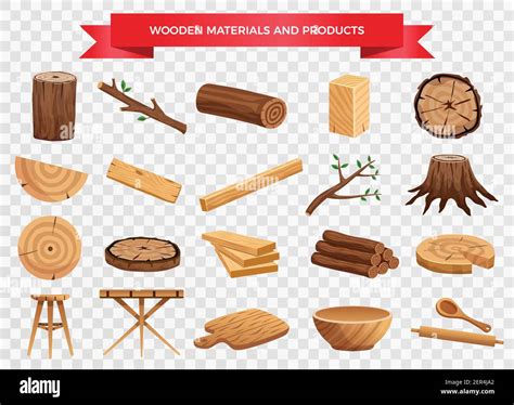 Wood Material And Manufactured Products Set With Tree Trunk Branches